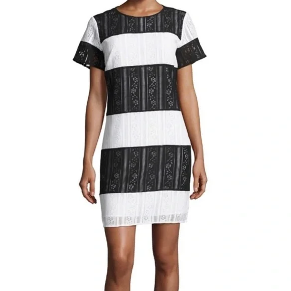MICHAEL Michael Kors | Dresses | Michael Michael Kors Lace Black And White  Striped Short Sleeve Shift Dress | Poshmark